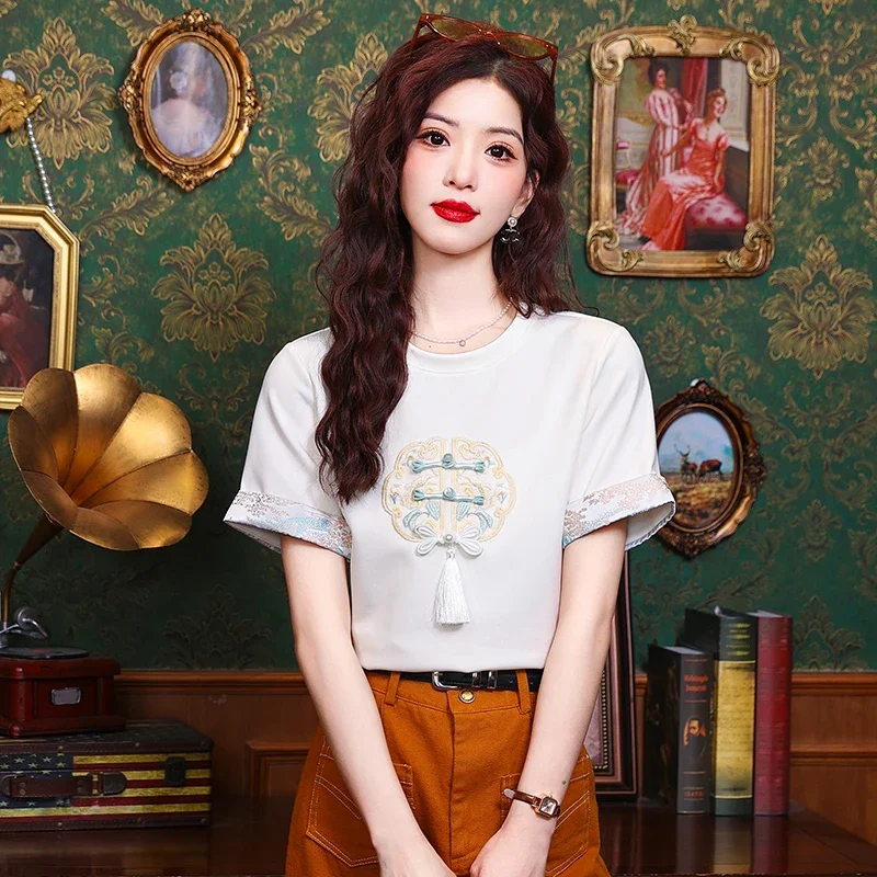 

Cotton Chinese Style Women's T-shirt Summer Embroidery Tees Short Sleeve Loose Women Tops Vintage O-necks Clothing 2024 Korean