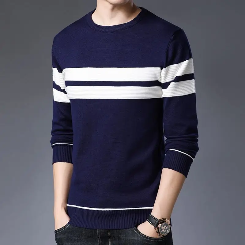 Fashion Men Basic Striped Sweater Spring Autumn New Korean Slim Long Sleeve Tops Male Clothes Casual Knitted Bottoming Pullovers