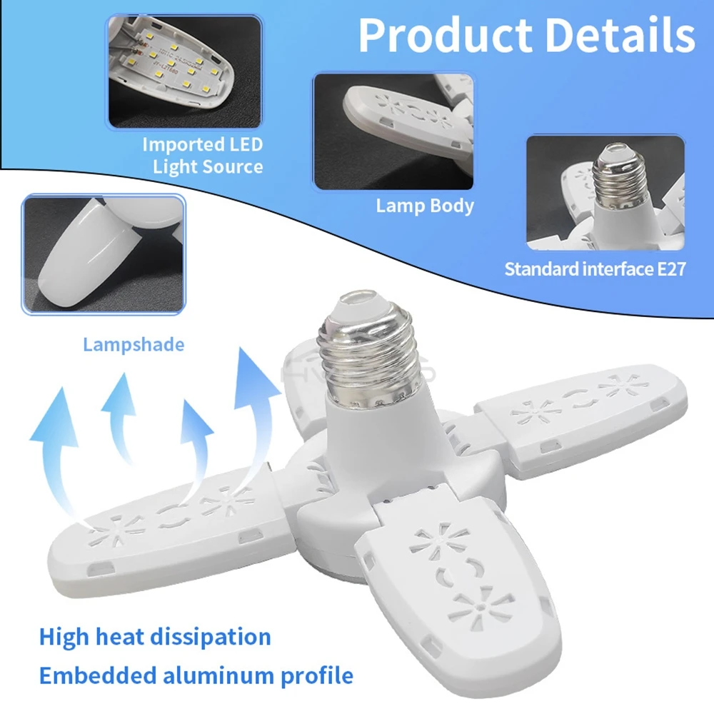 Ampoule LED E27 pliable en forme d'éventail 28W, 220V ou 85V-265V, pour maison, salon, entrepôt, Garage, plafonnier