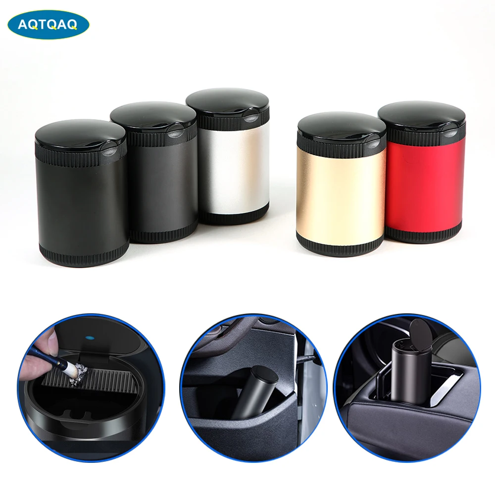 AQTQAQ Car Ashtray LED Light Alloy Ash Tray Aluminum Cup Portable Smokeless Auto Ashtray Flame Retardant Cigarette Holder Box