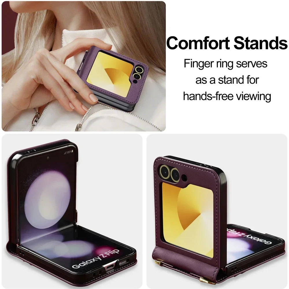 Funda de teléfono tipo billetera cruzada para Samsung Galaxy Z Flip 7 FE 6 5 4 3 Flip6 Flip7 5G con tarjetero correa para la muñeca cordón de cuero