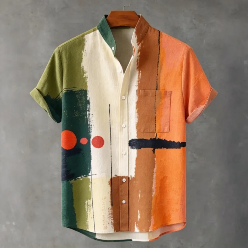Men's Bold Abstract Geometric Patterns Tops Holiday Summer Vintage Short sleeve Single Breast Stand Collar Shirt Harajuku Tunics