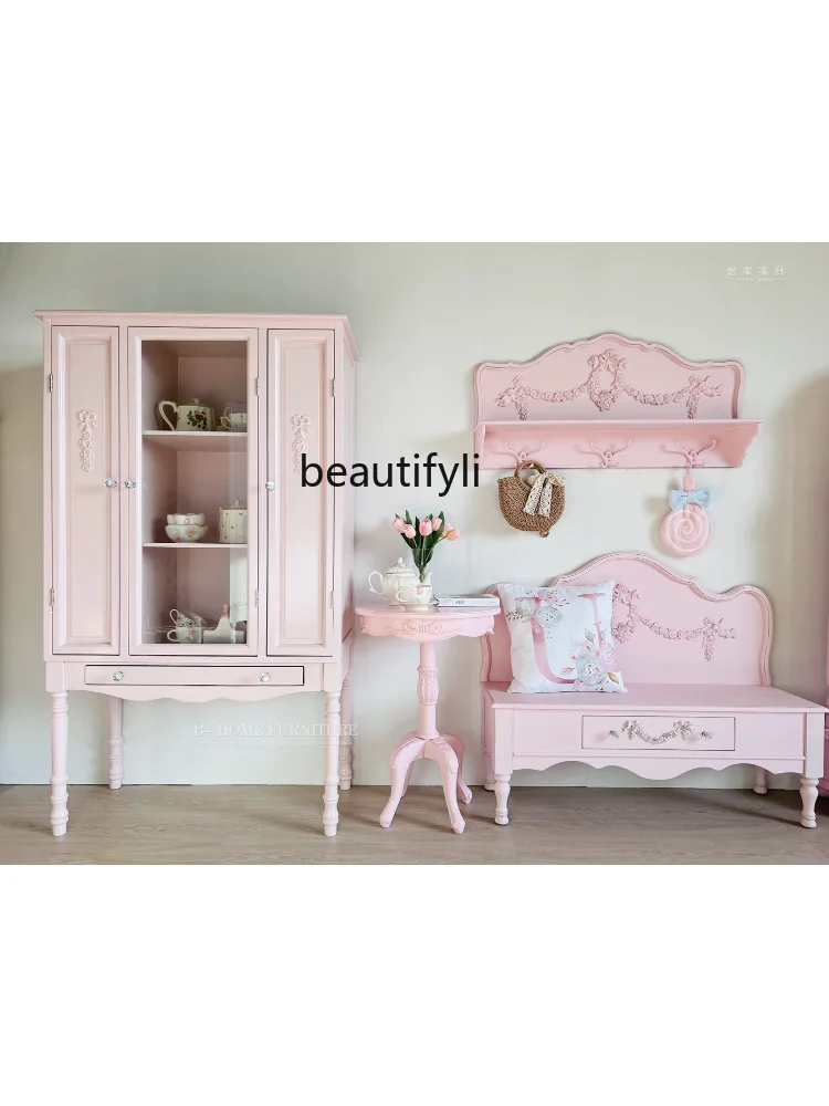 French Solid Wood Home Entrance Cabinet Sideboard Cabinet Integrated Wall High Cabinet Modern Pink Storage Organizer Cabinet