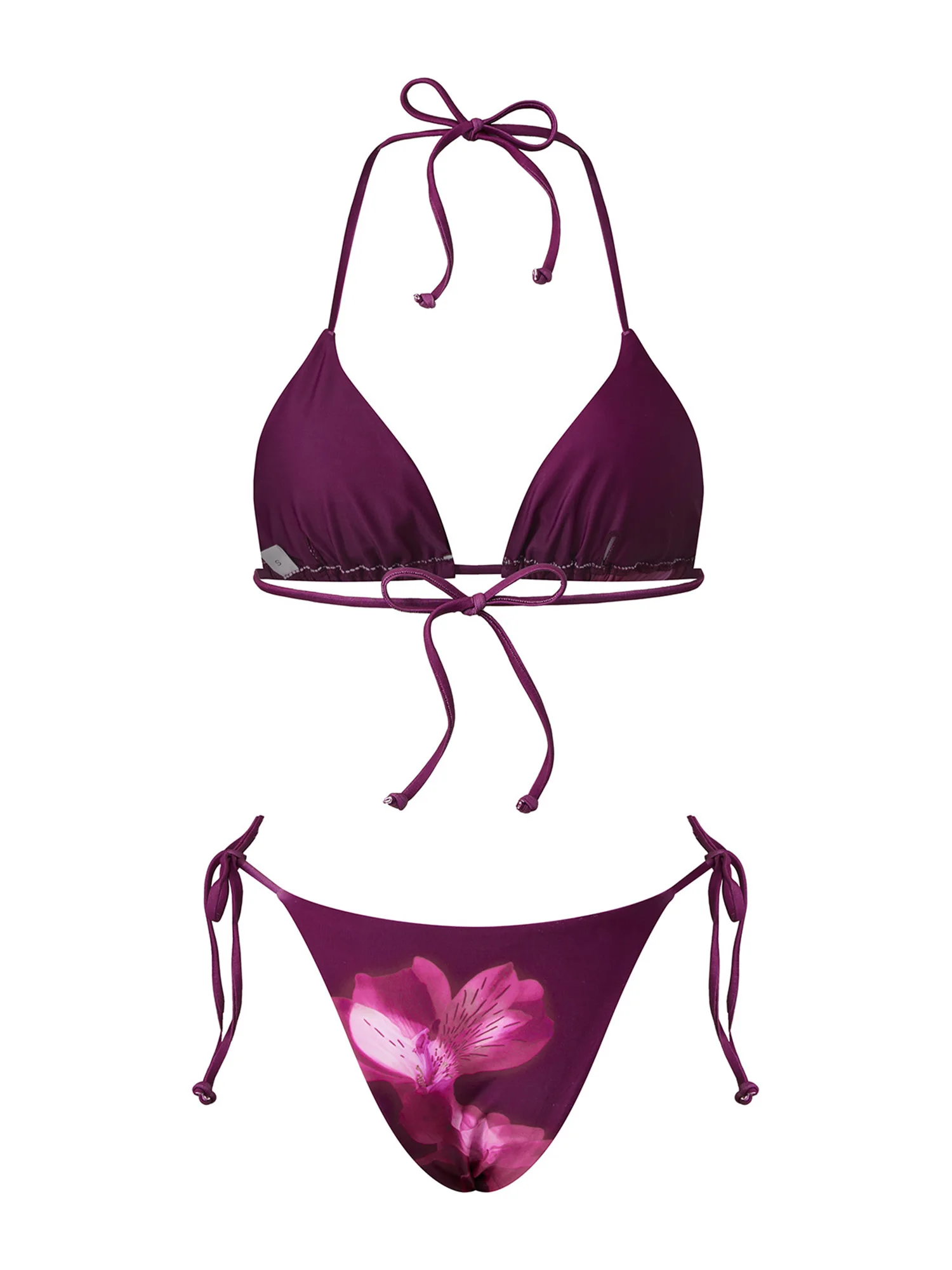 طقم بيكيني نسائي مطبوع عليه زهور مع حمالة صدر بدون أكمام ورقبة رسن وقيعان رفيعة - بدلة استحمام للشاطئ لمتعة الصيف