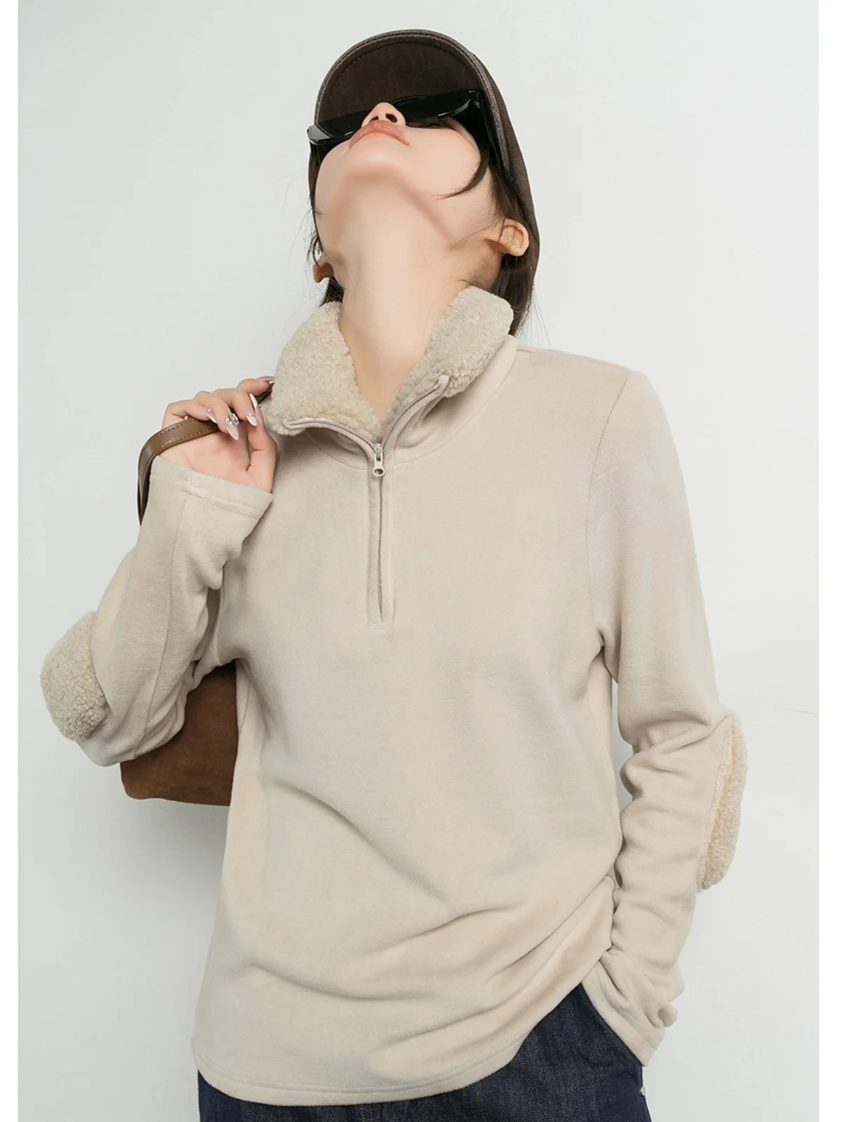 

Women's Knitted Sweater f Zipper Faux Lamb Fur Collar Patchwork Autumn Winter Spring Faionable Thiened Long Sve Top