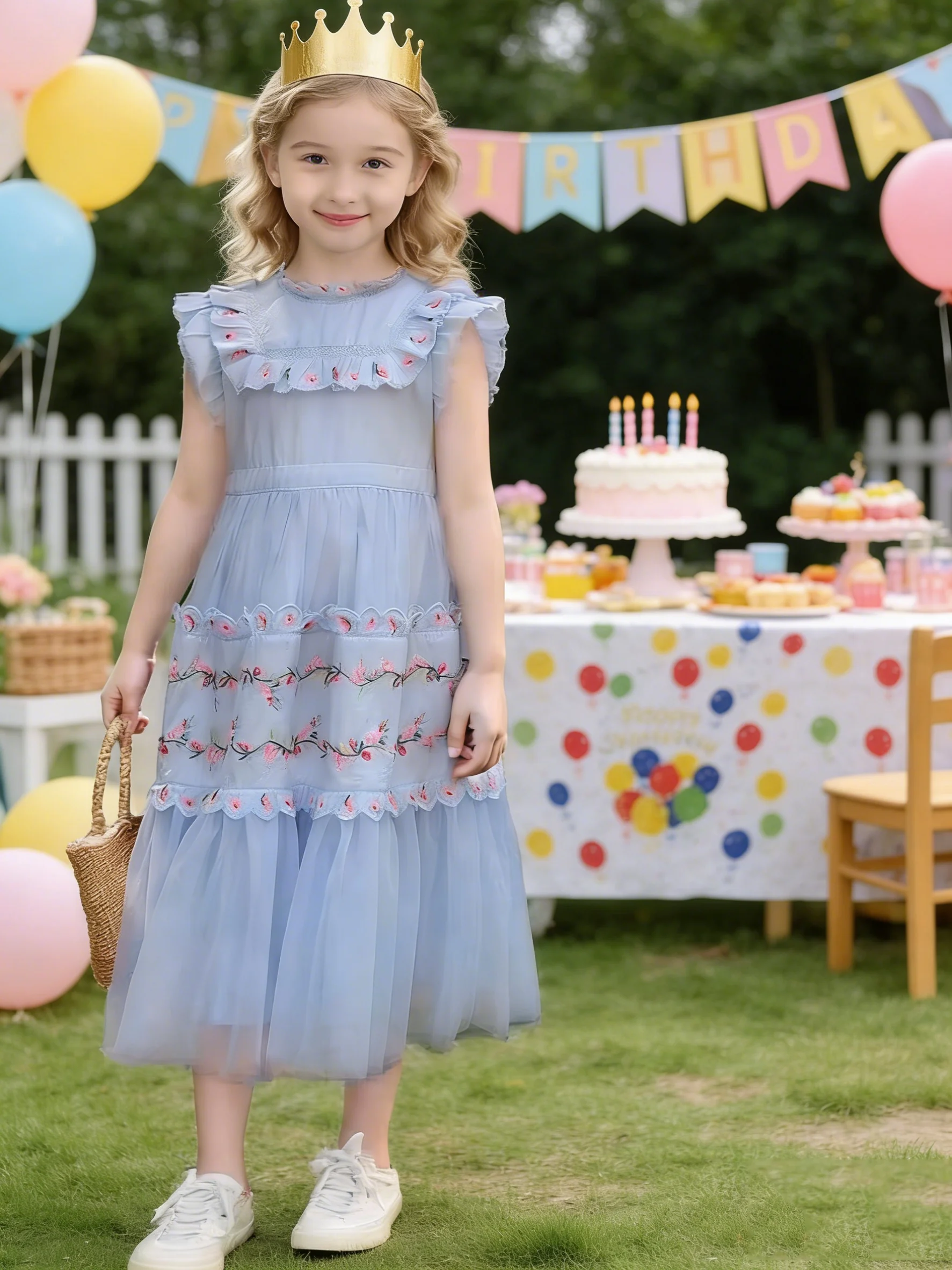 

2025 Blue Floral Princess Gown Kids New Royal High End Fashion Elegant Outfit Summer Dress Puffy Tulle Embroidery
