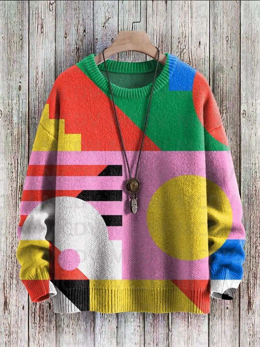 Vintage Geometry Crystal Gradient Art Casual Print Knit Pullover Sweater Women For Men Sweater