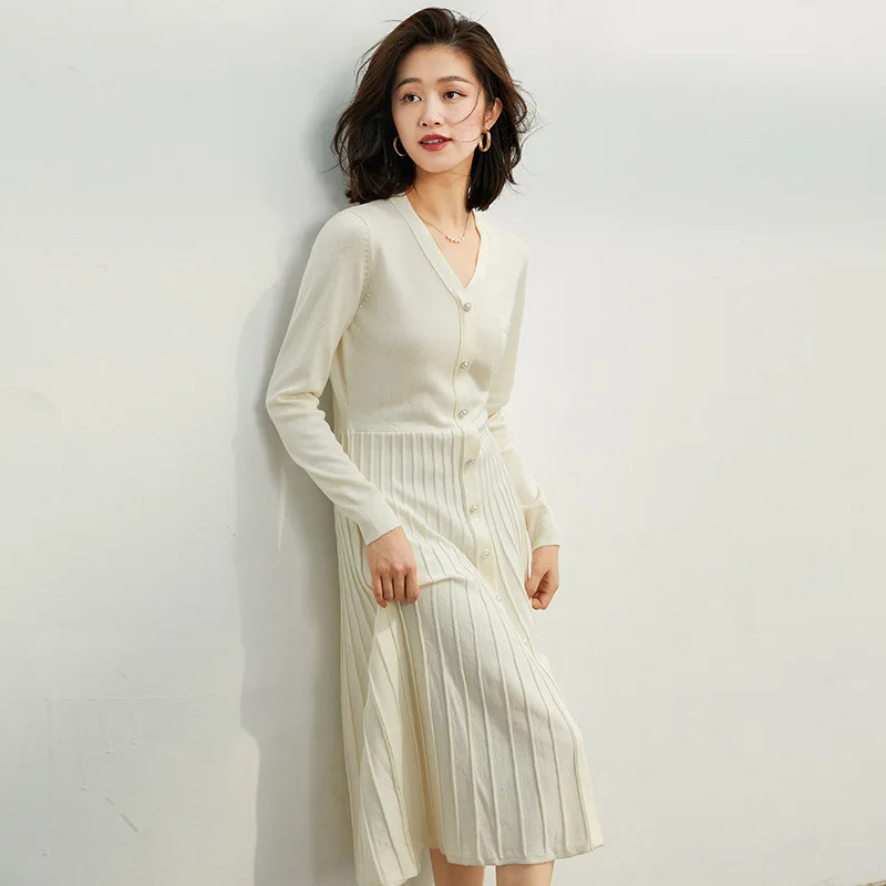 Ladies 2024 Autumn New French Style Slim-cultivating Temperament Wool Knitted Bottom Dress Women's Sweater Pleated Skirt