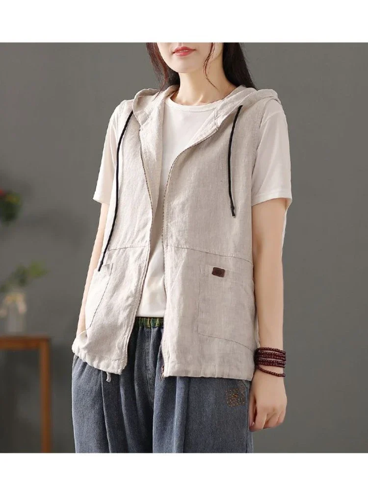 Vests Women Elegant Retro Summer Chic Fashion All-match Womens Sleeveless Vest Leisure Hooded Cotton Linen Ladies Outwear Q135