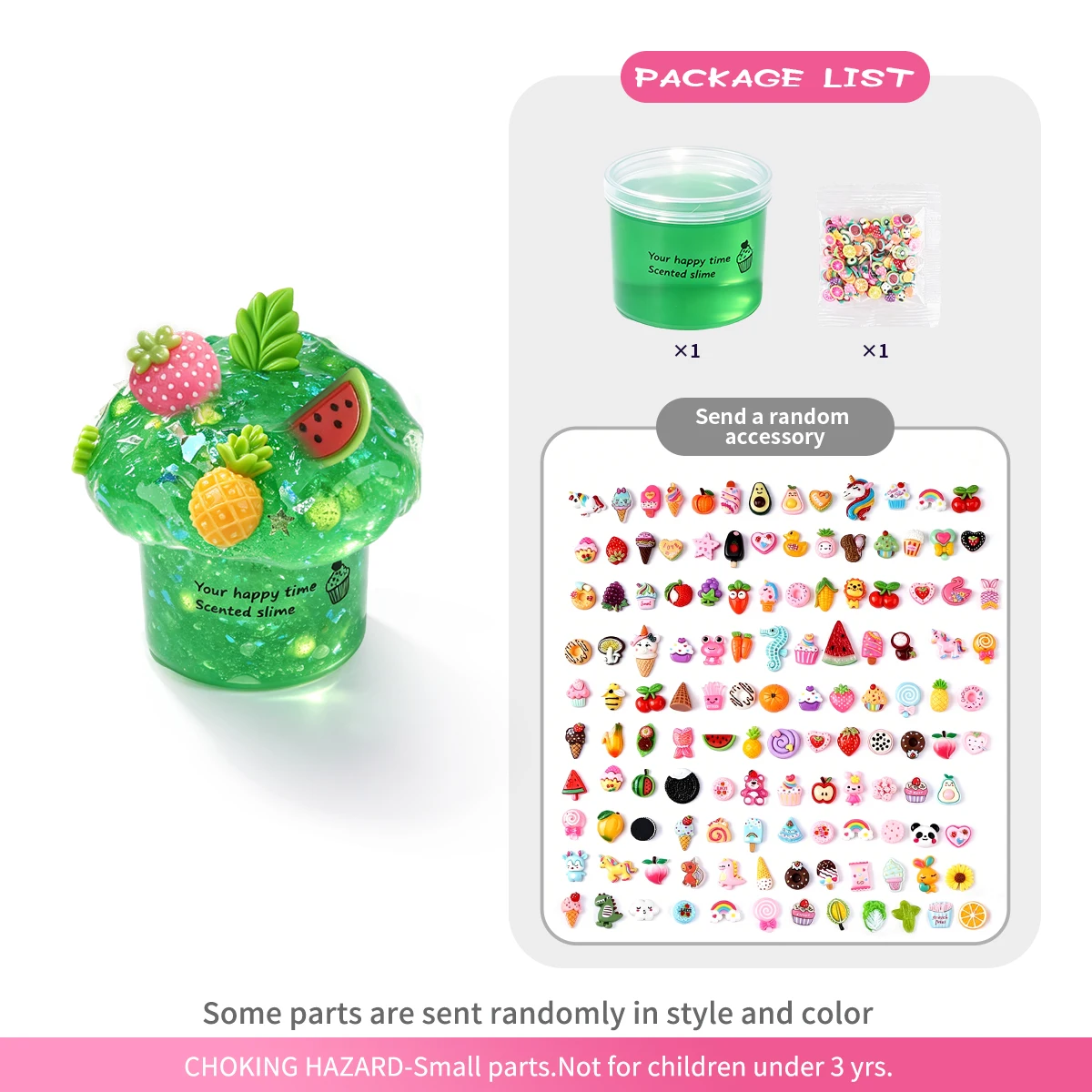 1PC Fresh Green Fruit Scented Crystal Slime With Random Fruit Charms Kids DIY Stress Toy.