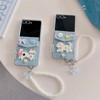 Kawaii Cat Puppy Card Bag Denim Phone Case For Samsung Galaxy Z Flip 7 6 4 5 3 Flip6 Flip5 Cover with Chain Cute Cases ZFlip4