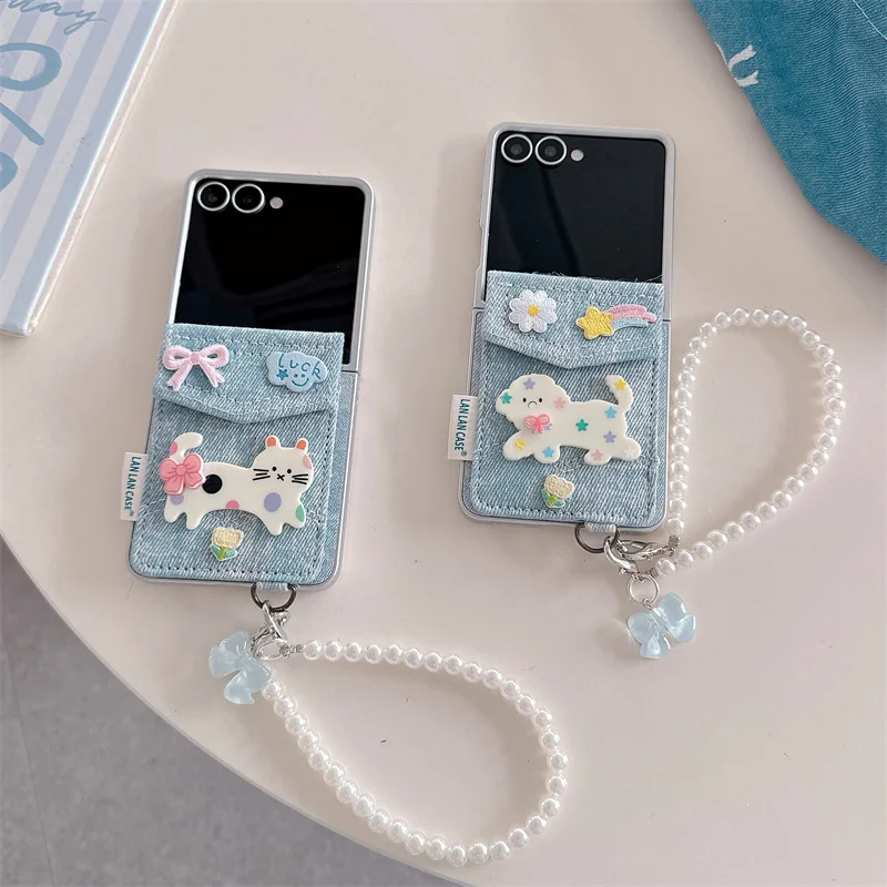 Kawaii Cat Puppy Card Bag Denim Phone Case For Samsung Galaxy Z Flip 7 6 5 Flip6 Flip5 Cover with Chain Cute Cases ZFlip7 Funda