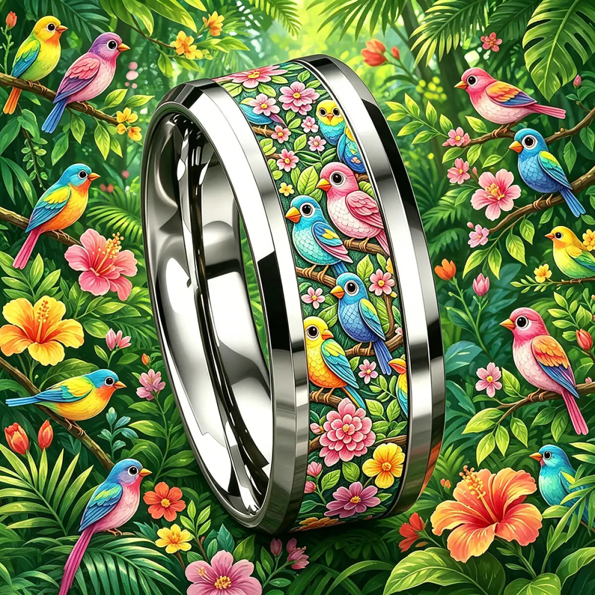 Boho Rainforest Jungle Tropical Bird & Hibiscus Floral Inlay Stainless Steel Ring For  Women Men Valentine's Day Jewelry Gifts