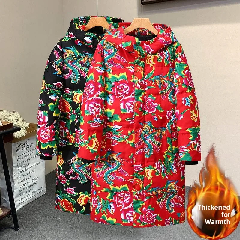

Thiened Large Floral Cotton Jaet for Men Autumn Winter Warm Couple Matching Mid-Length Faionable Youth Casual Coat
