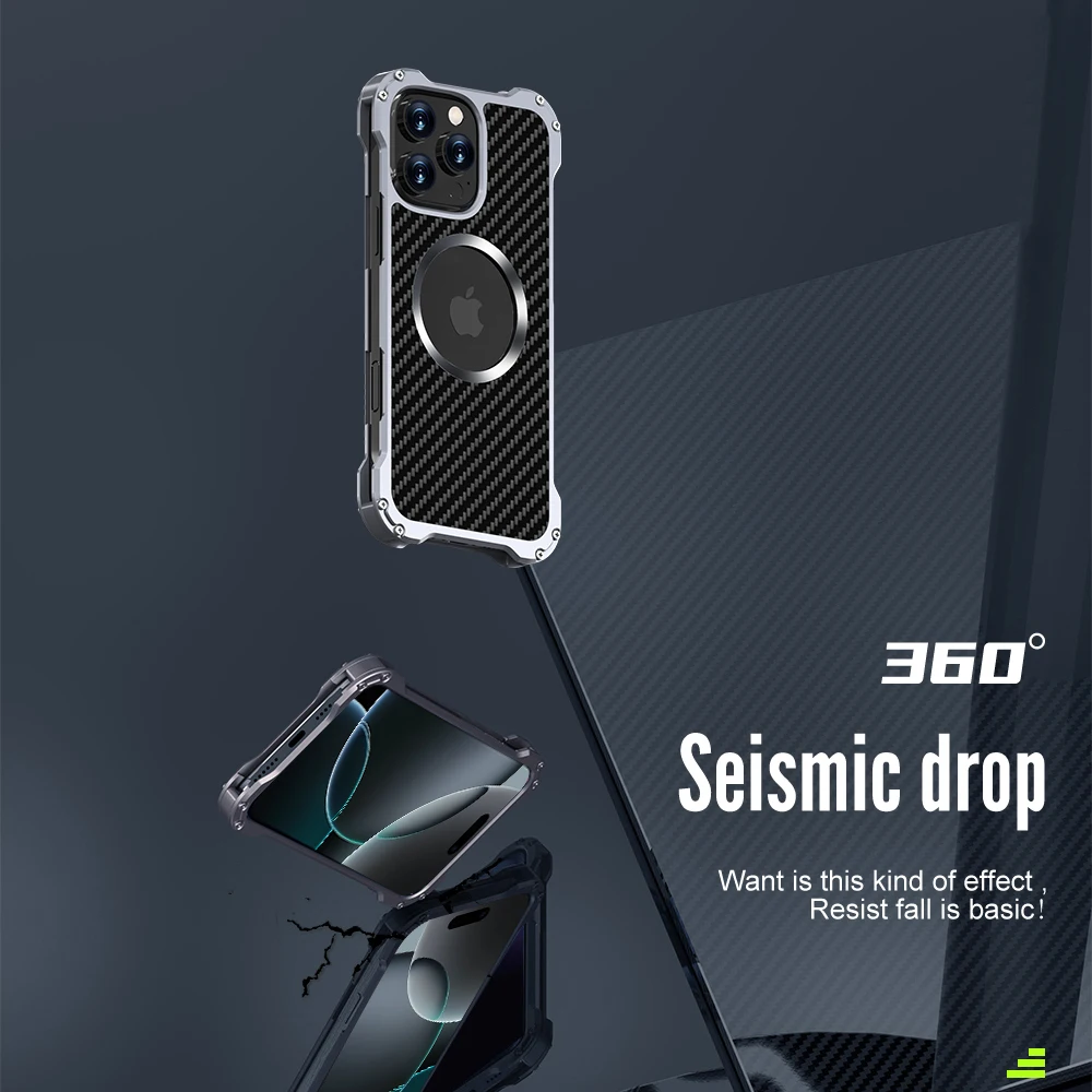 Phone Case For iPhone 16 Pro Max 16 Plus 2 Layers Metal Screw Bumpers Aluminum Shockproof Anti-scrach Carbon Fiber PC Back Cover image 4