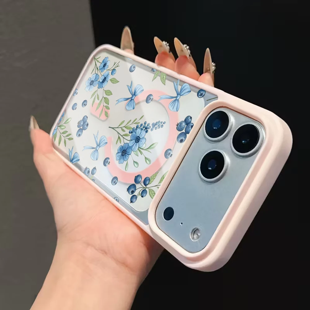 Blaubeer-Blumenmuster Transparente Hülle für iPhone 17 14 12 Pro Max 13 16 15 Plus 11 Hüllen für Magsafe Kabelloses Laden Stoßfeste Schutzhülle – Detail 20