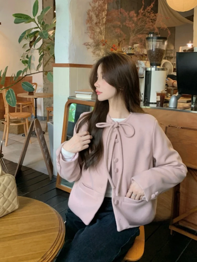 

Ele Зимнее шерстяное пальто для женщин с галстуком-бабочкой круглый Ne Sweet Little Fraance Sle Top Корейский свободный крой Long Sve