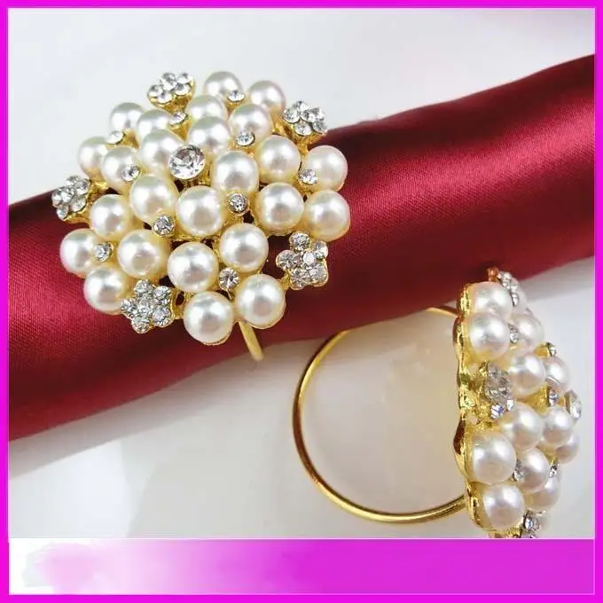 Wholesale Pearls Napkijan Rings Hotel Wedding ,flower Shape Pearl Gold Ring Napkin Holder Western Style Wedding Rings