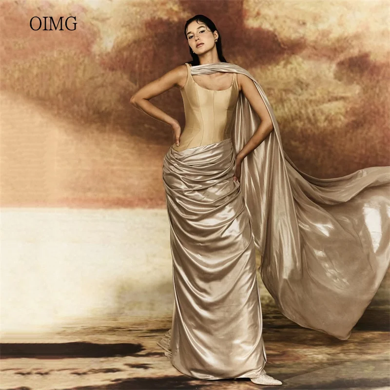 OIMG Chic Champagner O Neck Mermaid Prom Kleider Backless Cap Party Kleid Bodenlangen Abendkleid vestidos de gala Angepasst