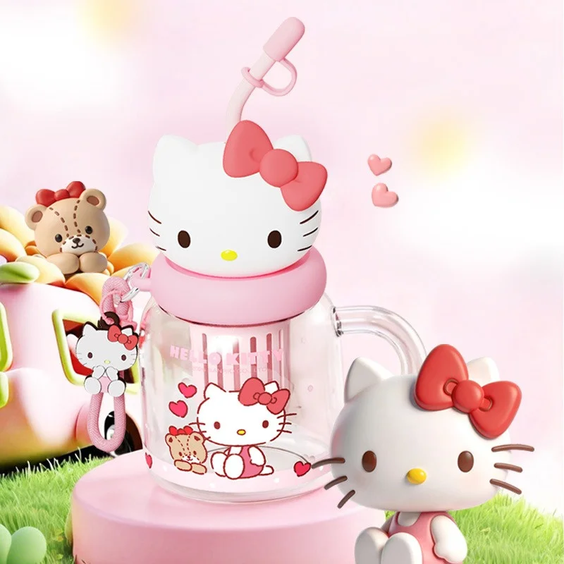 X&W Sanrio Glass Cup 880ml Hello kitty Cinnamoroll Straw Cup Cute Doll Head Water Bottle Summer Cold Drinks Cup Home Office Use