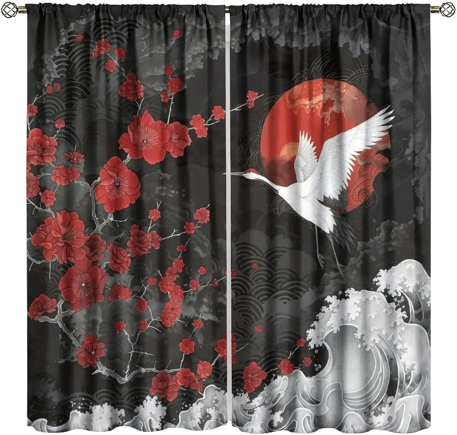 Cortinas opacas japonesas, cortinas de ventana de estilo asiático con grulla de amanecer y flor de cerezo, para sala de estar y dormitorio, 42.0 in de ancho x 45.0 in de largo