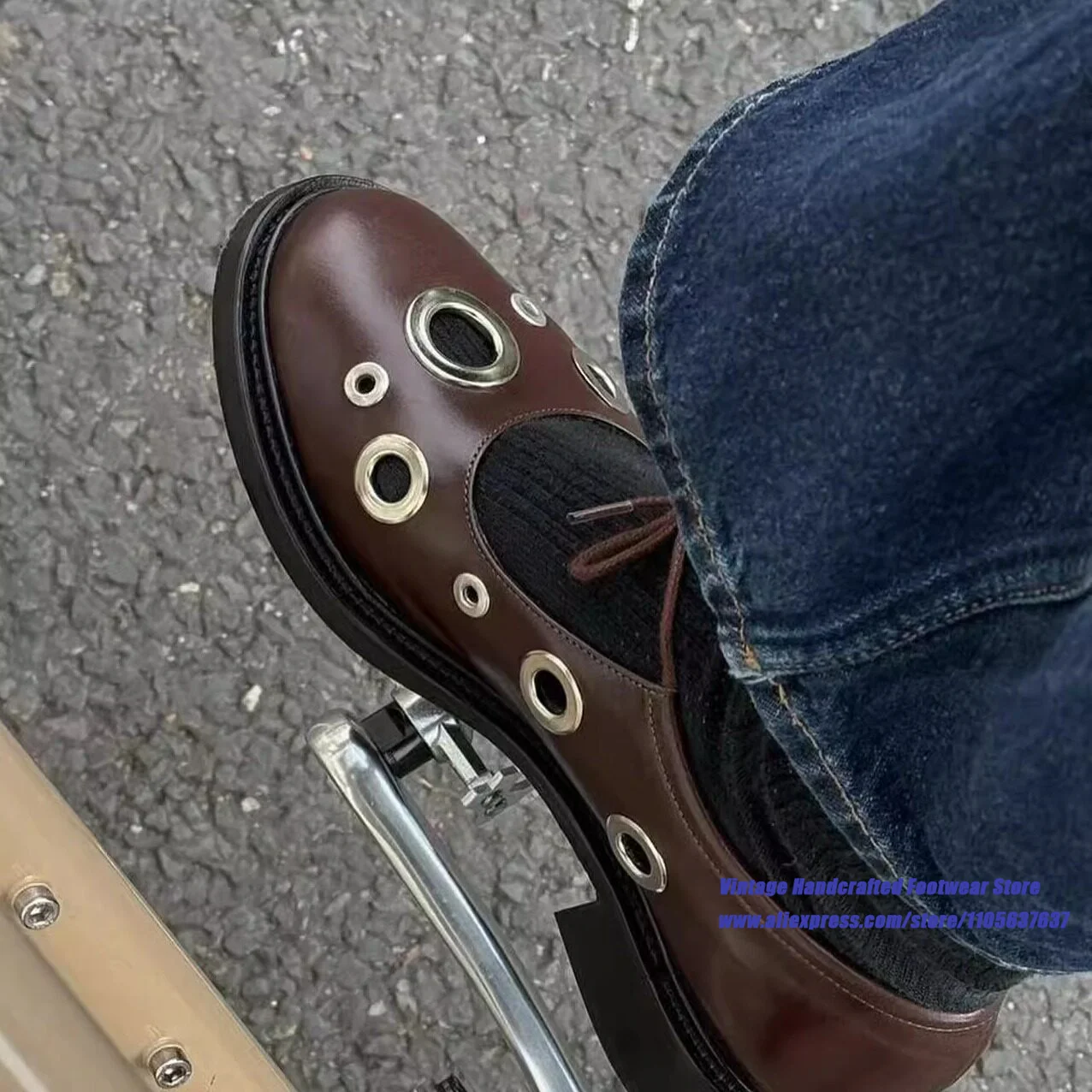 Brown/black Round Toe Mary Jane Shoes Multi Size Metal Eyelets Lace Up Low Block Heel Gothic Casual Flats Trendy Women's Shoes