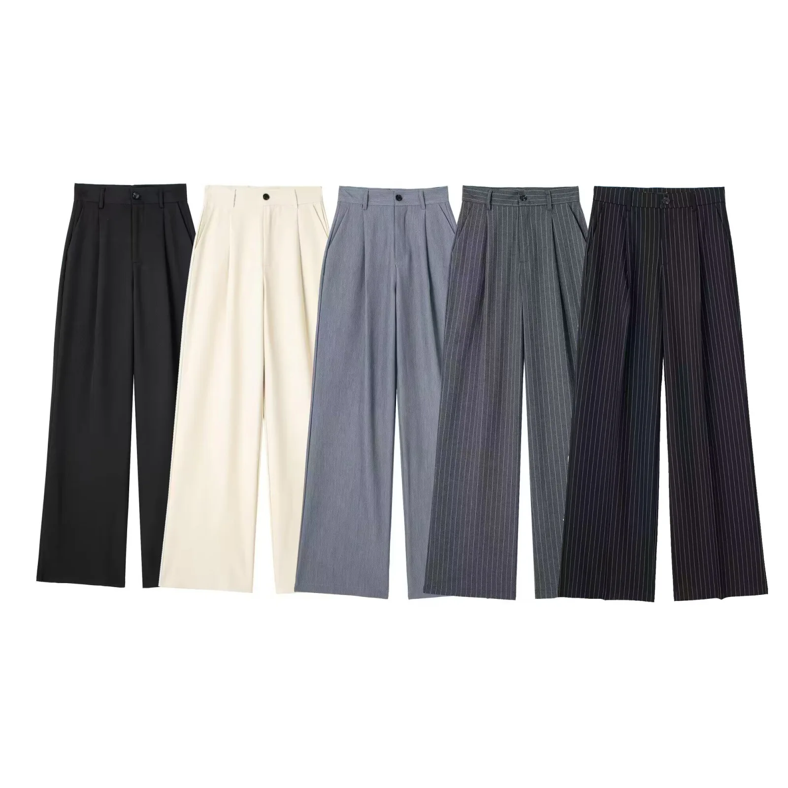 Fashion Commuting Trousers For Women Spring Autumn New Casual Solid Color High Waist Button Striped Printed Wide Leg Pants