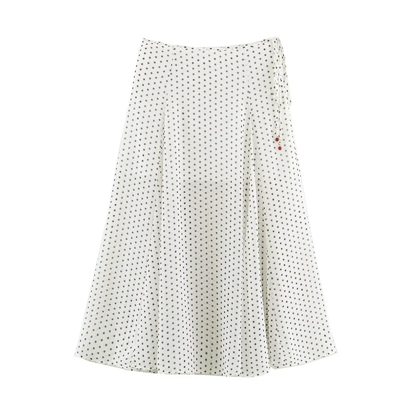 High Waist Long Polka Dot Print Midi Skirt Women's Casual Dress A-Line Skirt Standard Version  Knot Design Girls Ladies