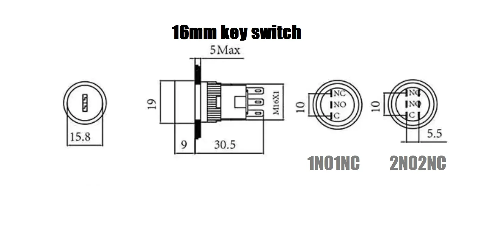 16mm Stainless Metal Switch With Keys IP66 250V 5A ON OFF Lock Switch 1NO1NC 2 Position KS Electrical Key Rotary Switch