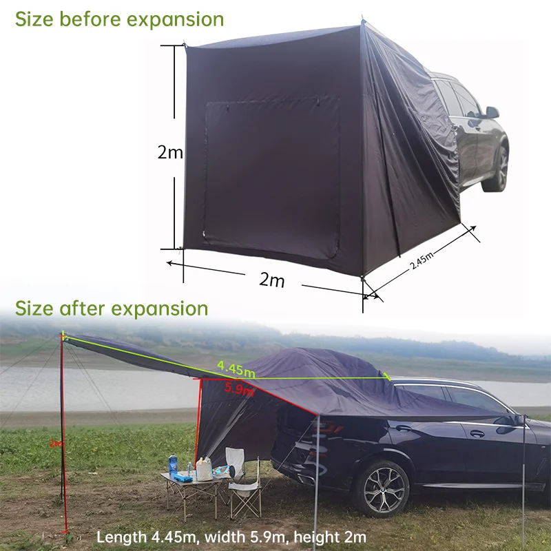 Tente de camping extérieure avec fermeture éclair, extension de tente arrière pour SUV, auvent d'ombrage pour camping, tente latérale arrière pour voyage en voiture