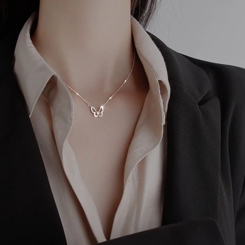 Hollow Butterfly Zircon Pendant Necklace for Women Delicate Clavicle Chain Minimalist Link Chain Choker Jewelry Girl Gift
