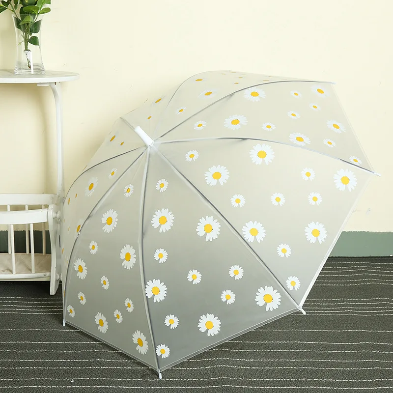 Transparent Daisy Long Handle Umbrella Super Light Flower Printing Umbrella 8 Bone Semi-Automatic Umbrellas for Women Kids