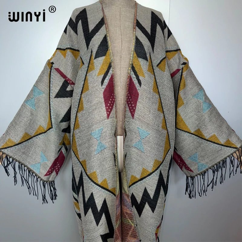 WINYI Herfst Vrouwen kwastje kimono print Lange Jas Losse vest femme Dikke Warme winter open voorkant kaftan abaya dubai luxe