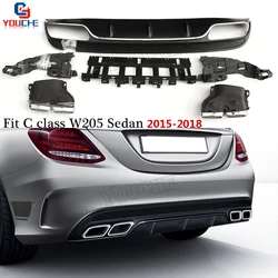 W205 AMG C63 Style Rear Diffuser with 4-outlet Exhaust Tips for Benz C Class Sedan Wagon with AMG Package S205 2015 - 2018