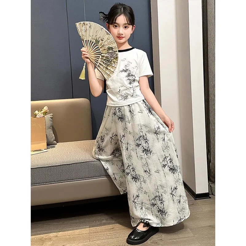 Girls Suits Summer New Chinese Two-piece Set Plate Buckle 2024 Summer New Fashion Short-sleeved Korean Simple Style Clothes