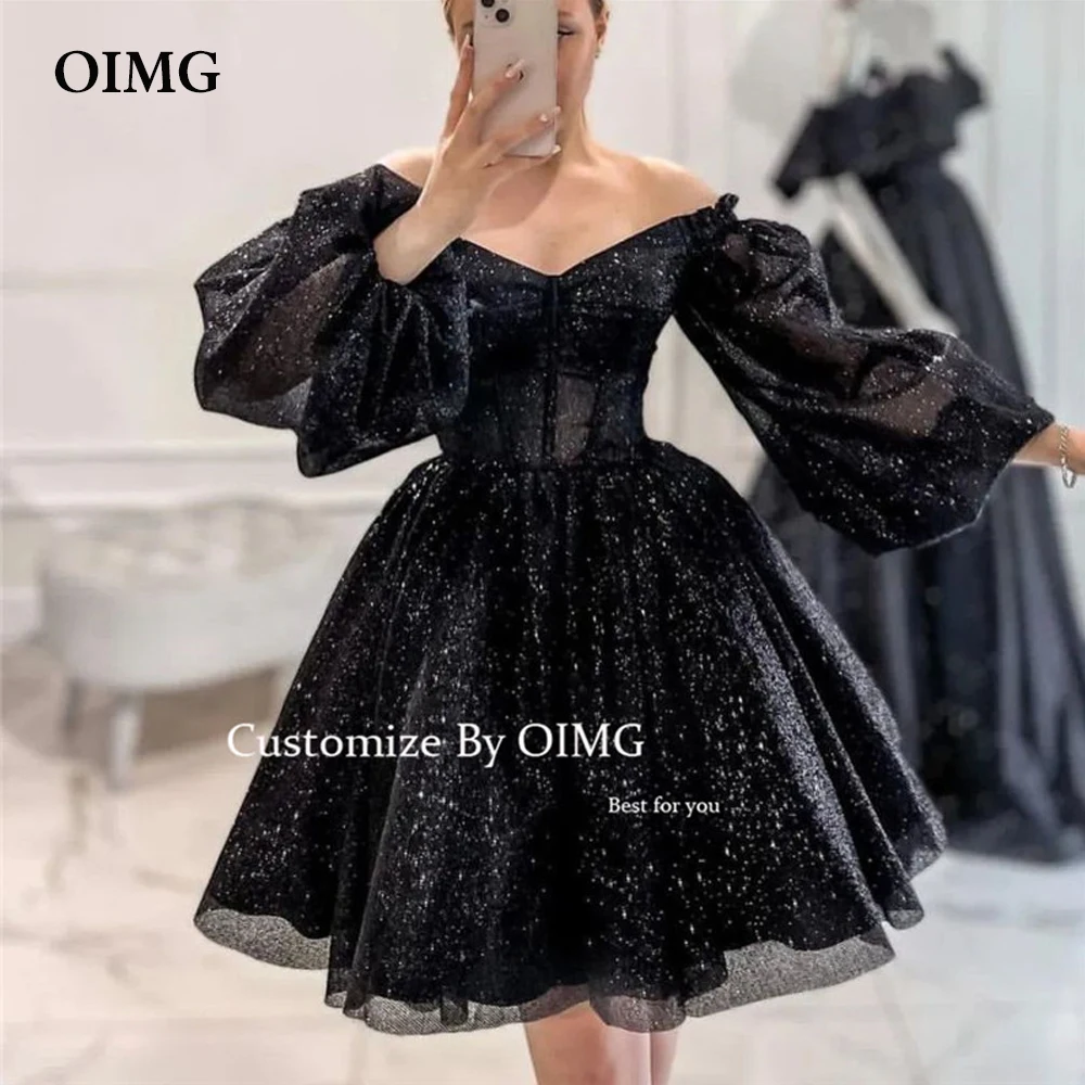 

OIMG Sparkly Black Short Prom Party Dresses Off the Shoulder Puff Long Sleeves Princess Evening Gowns Formal Graduation Dress