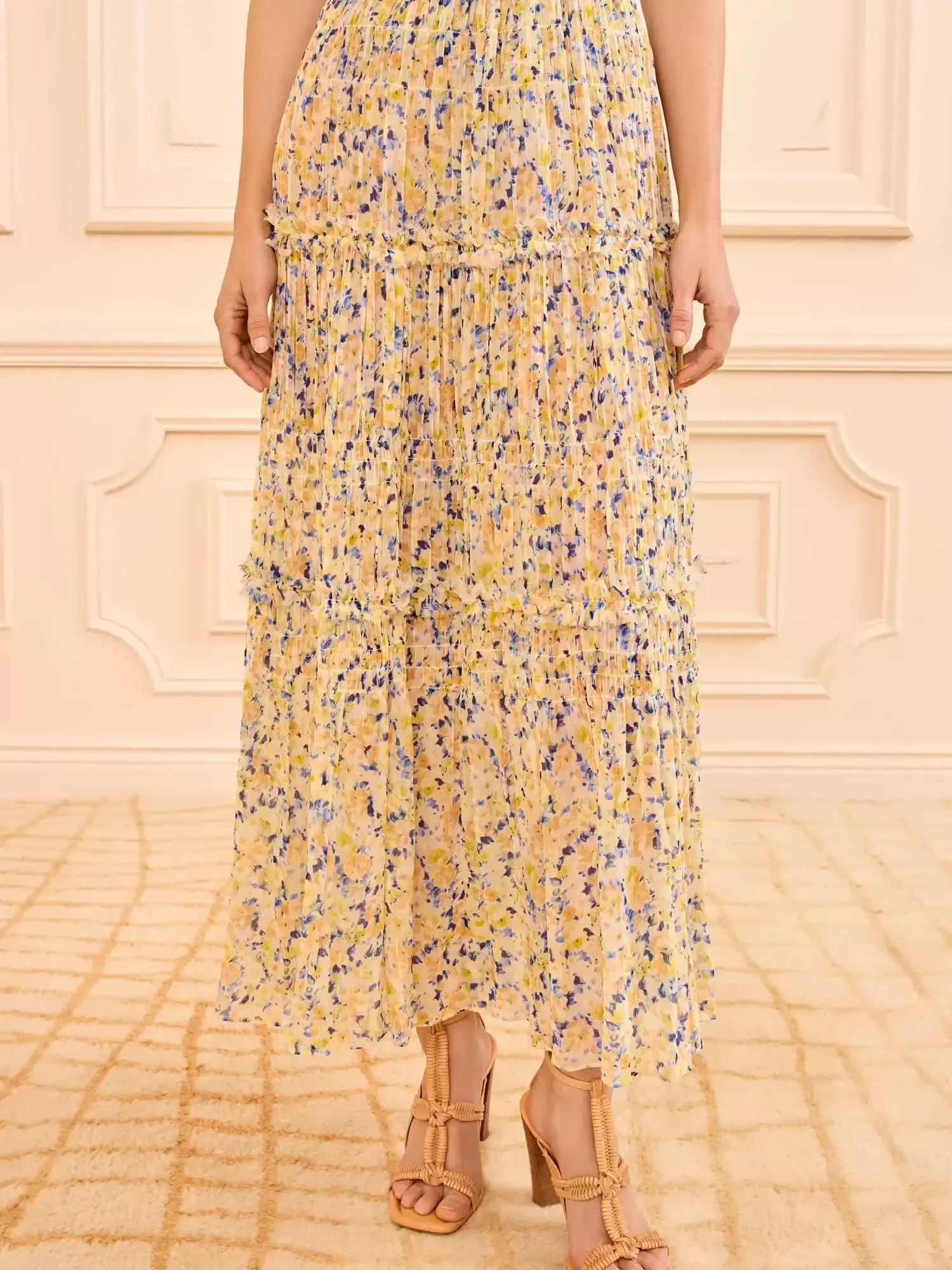 2026 Women 100% Silk Long Skirt Yellow Floral Print  Elastic Waist Loose Pleated Skirt