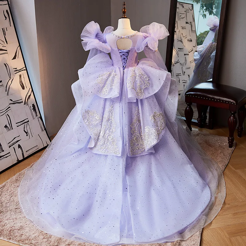 Vestido de fiesta violeta personalizado, vestidos de flores para bebé, apliques de lentejuelas, tren de corte, vestidos de fiesta de graduación de cumpleaños y boda para niños