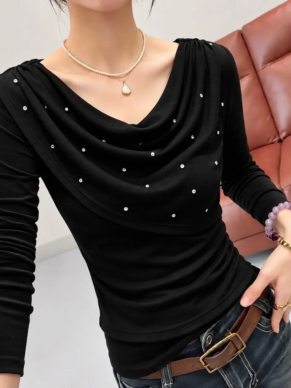 Slim Fit Long Sleeve Women's T-shirt Fashionable European Style Drill Decorated Base Shirt Autumn Winter Commute Style Cotton...