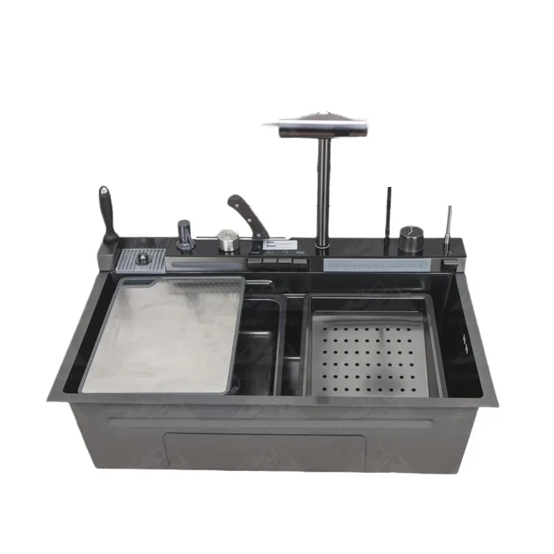 High Quality 2025 New Trends Handmade Smart Waterfall Multi-Functional Kitchen Sink with Mobile Phone Holder&Spray Gun