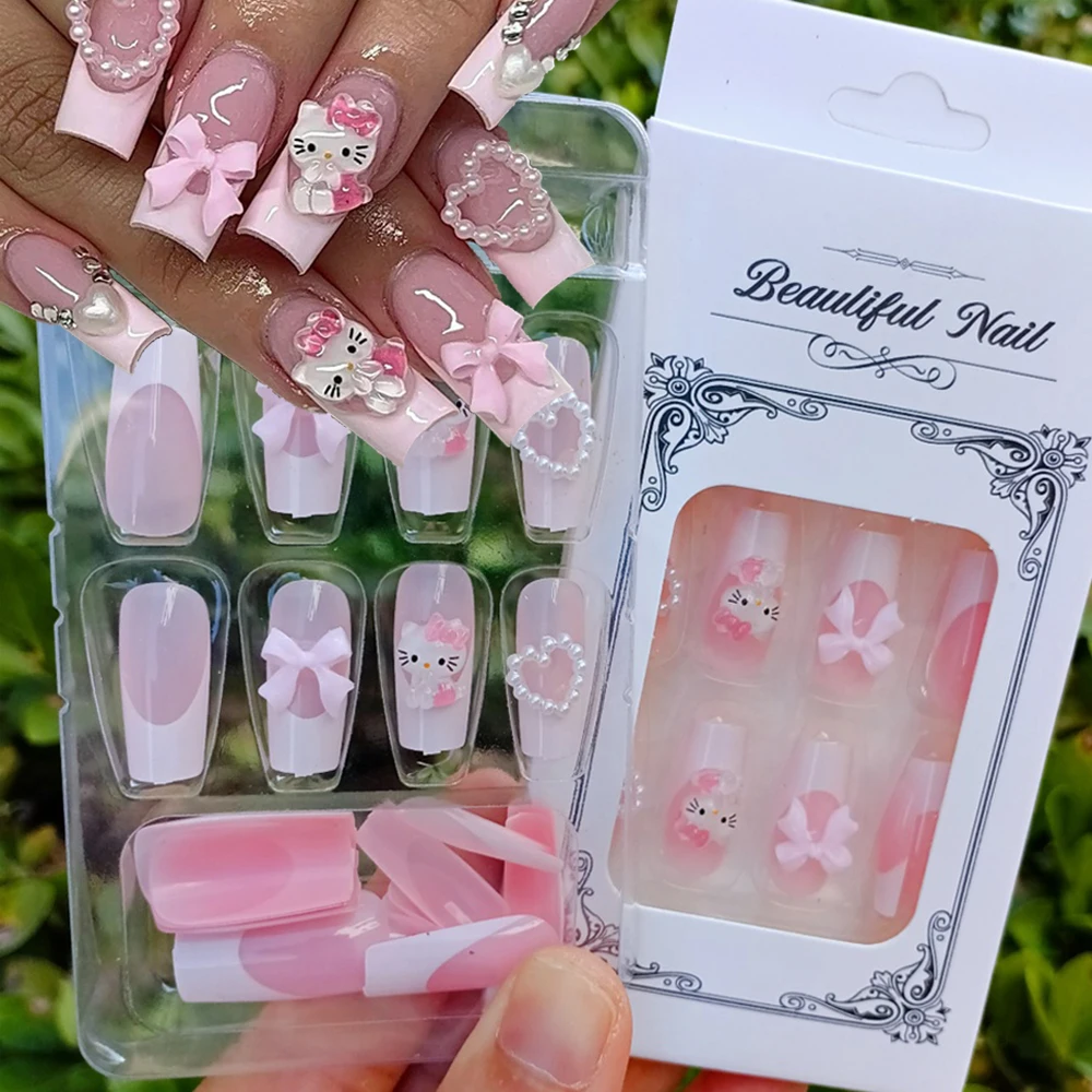 24枚入り ハンドメイド ピンク フレンチ ハローキティ つけ爪 カワイイ キティ猫/パール/リボン ロングバレリーナ風付け爪 漫画風キティネイルチップ