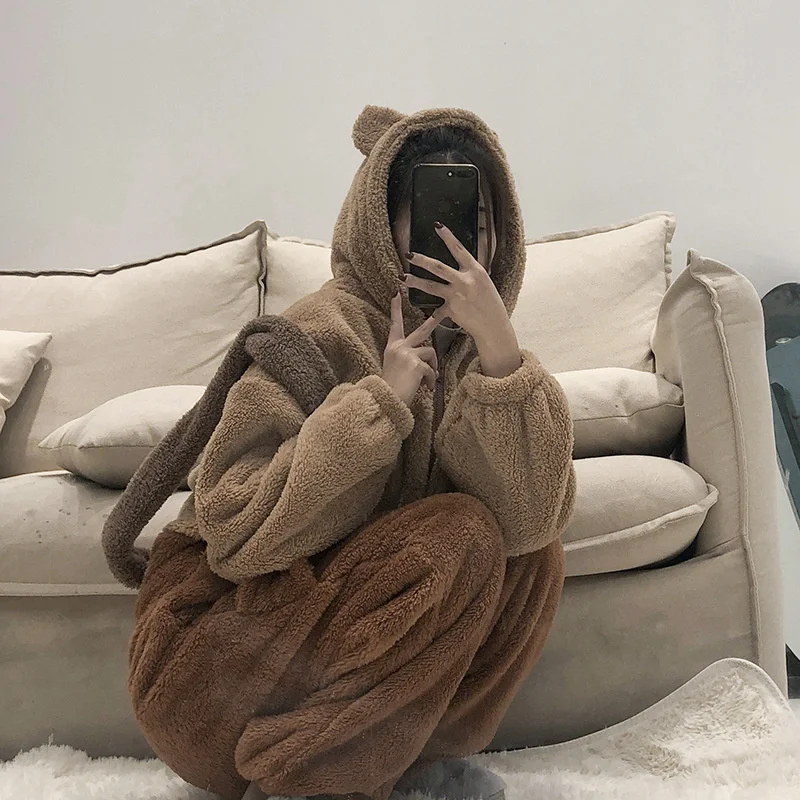 Flannel Hooded Thermal Ankle-length Jumpsuit Adults Cosplay Cartoon Bear Animal One-piece Nightwear Women Loungewear Sleepwear