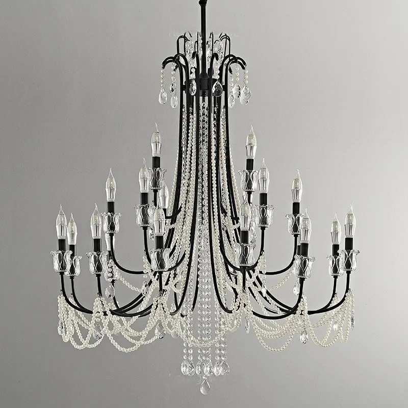 French luxury crystal living room chandelier, retro black villa, duplex, elevated high-rise staircase, grand hotel