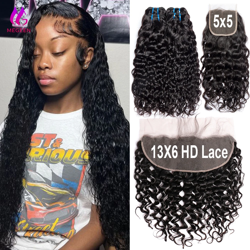 Megeen 30 Inch Water Wave Human Hair Bundles With Closure 13X6 Hd Lace Frontal With Bundles 5X5 Closure With Human Hair Bundles