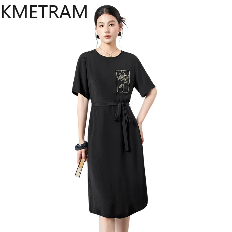 KMETRAM 41.1% Mulberry Silk Women's Casual Dresses Black Embroidered Midi Dress O-Neck Dresses for Woman 2026 Summer Clothes 원피스