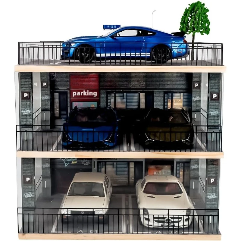 1:18 Scale 3-Tiers Model Car Display Case with Parking Lot Scene for Sports Car, Display Stand for Alloy Car Toy with Light