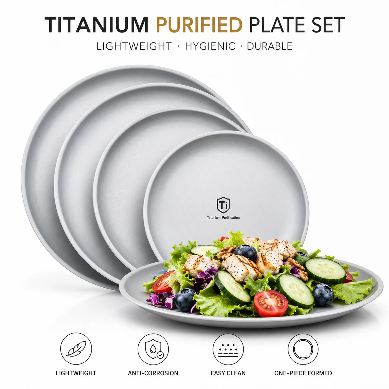 3/5 Pack Titanium Purified Stainless Steel Camping Plate Set Lightweight Stackable Dinnerware Pan for Outdoor Picnic BBQ