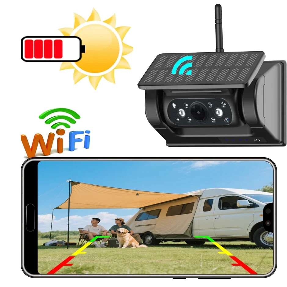 Wireless Solar WiFi  Backup Camera Magnetic BaseAI Blind Spot Alarm Backup for IPhone Android Bus Van Truck RV Front Rear View**