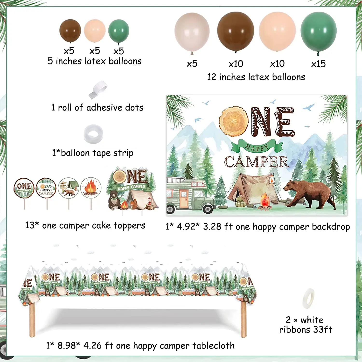 Kreatwow-One 1st Happy Camper Birthday Decorations Set, Camping Backdrop Tablecloth, Safari Jungle Party Supplies, Balloon Arch