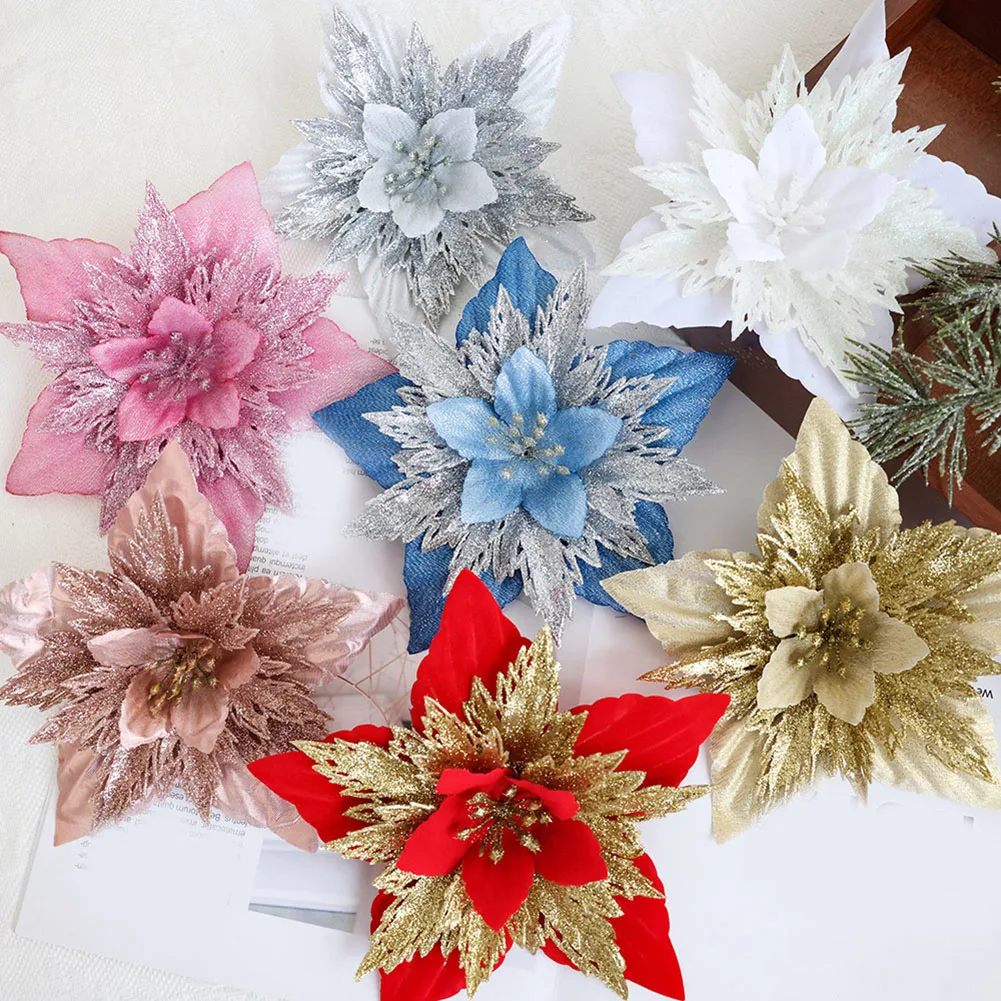 1pc 18cm Glitter Pink Christmas Flowers Xmas Tree Artifical Flower Ornaments 2024 Christmas Decoration For Home New Year